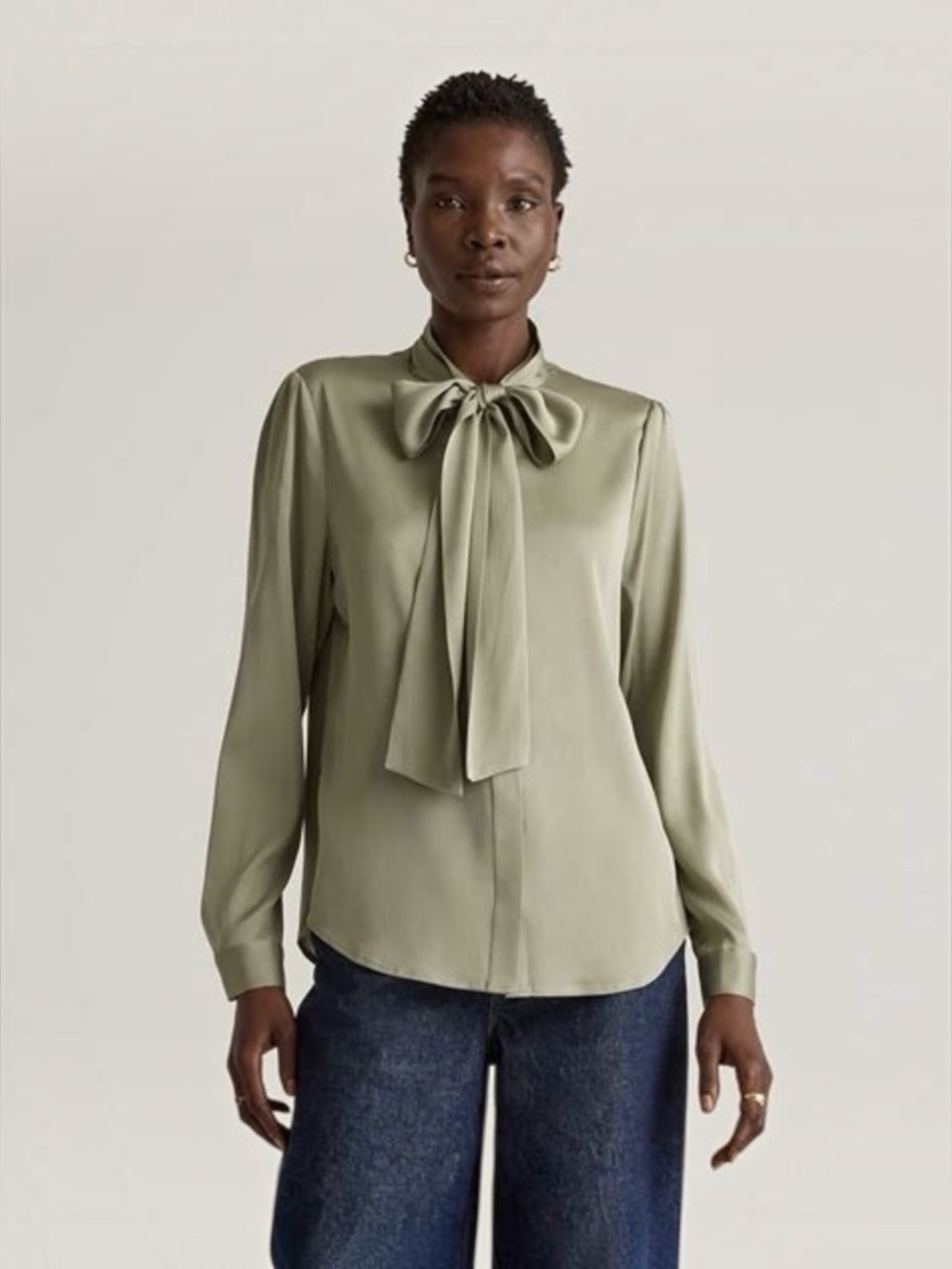 Quince Washable Stretch Silk Tie Neck Blouse Faded Seagrass XL